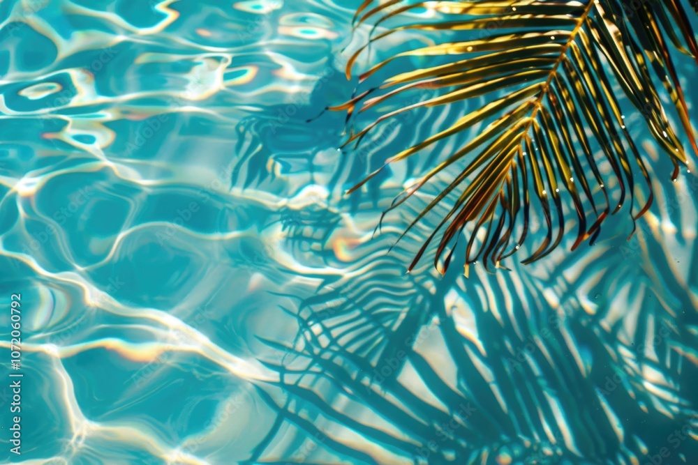 Poster A close-up view of a palm leaf floating on the surface of a pool