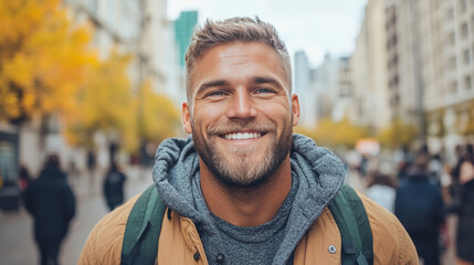 Fototapeta premium Smiling man with beard wearing a brown jacket in a city.