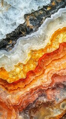 Obraz premium Abstract geological layers resembling fiery lava flow and icy glaciers, a mesmerizing contrast of warm and cool tones in natural stone formation.