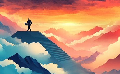 Climbing the ranks, a portrait of individual progress in a competitive environment, representing motivation, learning, and achievement in reaching professional milestones.