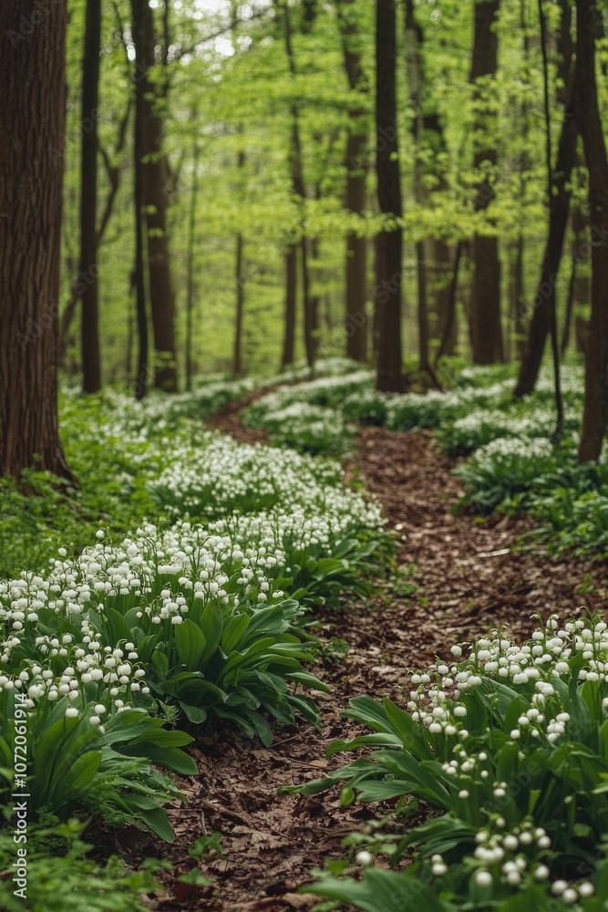Poster a serene path surrounded by white flowers and greenery in a dense forest