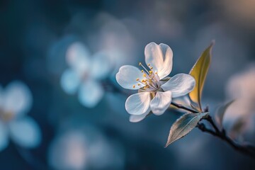 Close-up shot of a single white flower on a branch, suitable for use in lifestyle, nature, or still life compositions