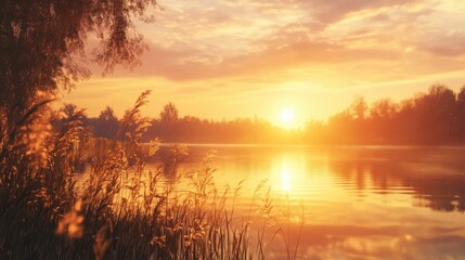 Obraz premium Golden hour over a calm lake, the sun reflecting on the water's surface, creating a serene and peaceful atmosphere.