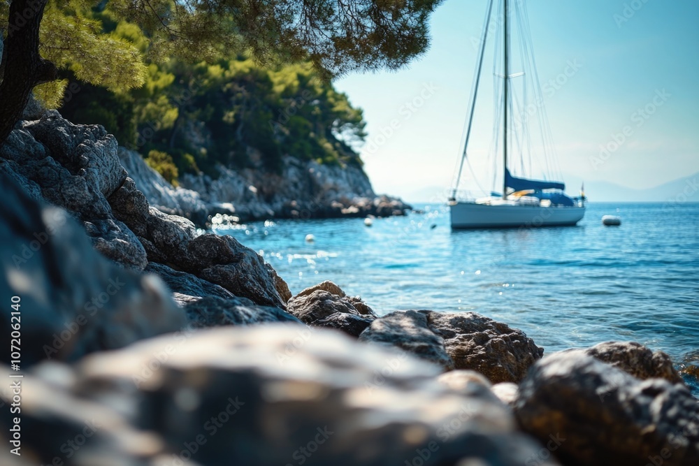 Poster a sailboat sails through calm open waters