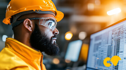A man in a hard hat and safety glasses looks intently at a computer screen.