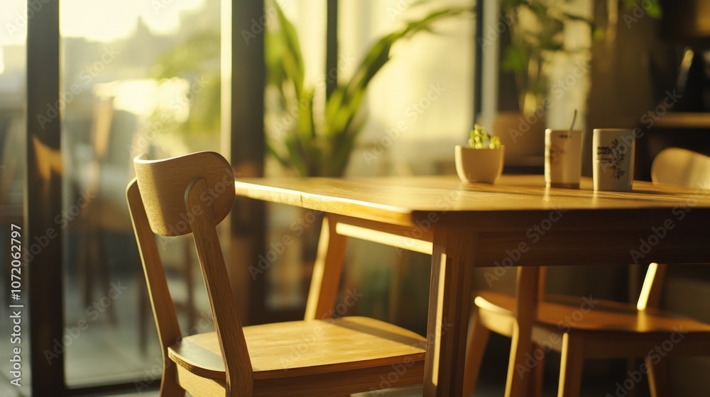 Poster a wooden table and chair set against a plain background, suitable for various settings such as home 