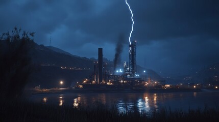 Stormy Industrial Landscape with Lightning