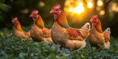 Fototapeta premium Four chickens stand in green grass with a sunset behind them.