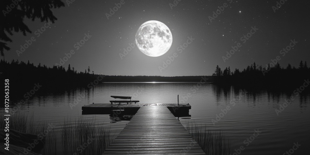 Poster a dock with a boat moored alongside, with a full moon shining brightly in the background