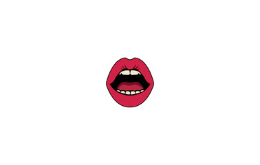 Open mouth and beautiful female lips in red lipstick. Vector illustration of plump female lips