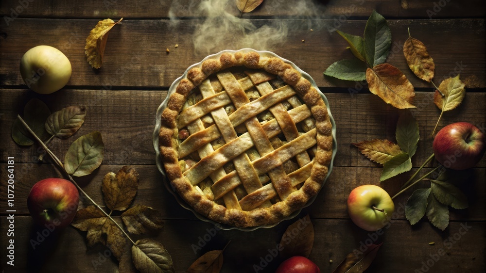 Poster a rustic autumnal scene with a steaming apple pie and scattered apples and leaves on a wooden table