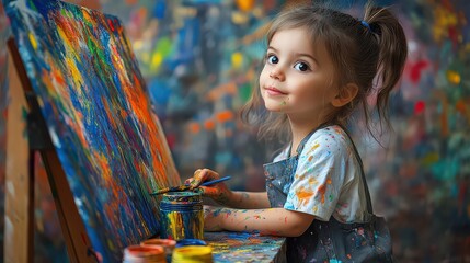  Children’s art class filled with creativity as kids paint on easels, their hands covered in vibrant colors.