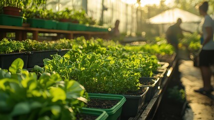  Busy urban farm with rows of vegetables and herbs, where gardeners tend plants and adjust drip irrigation hoses for care.