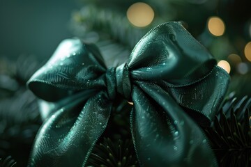 A close-up shot of a green bow on a Christmas tree, perfect for holiday decoration and gift wrapping