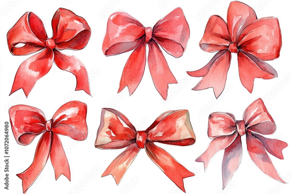 Poster a set of colorful watercolor bows on a plain white background, ideal for use in designs and projects