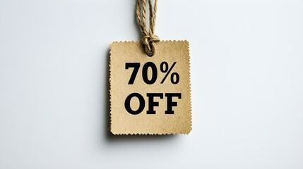 Black '70% OFF' Text on a Dark Brown Square Paper Note. White Background with Copy Space