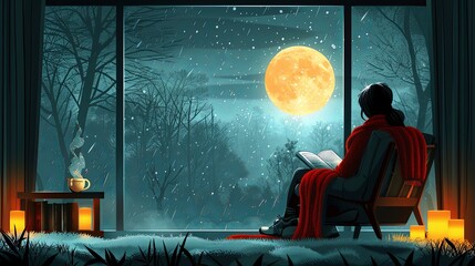 A person sits in a cozy armchair by the window, engrossed in a book. A warm blanket is draped over their lap, and a cup of tea steams on the table beside them, creating a serene, relaxing atmosphere