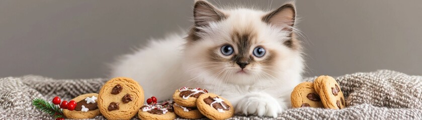 Fototapeta premium Christmas cookies and pet-safe treats concept. A cute kitten lies among chocolate chip cookies, creating a delightful scene of playful charm and sweet temptation