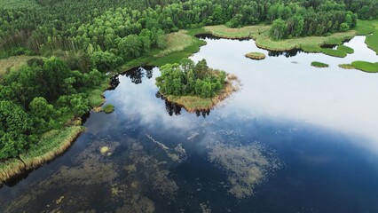 Fototapeta premium Aerial view of marshy lake with green island and sky reflection