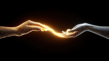 Obraz premium Hands exchange glimmering gold coins symbolizing prosperity and collaboration in a captivating abstract visual representation