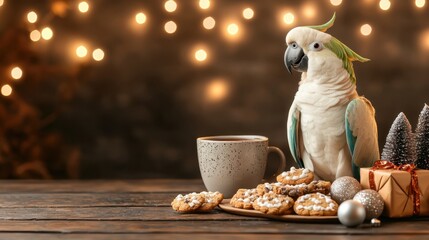 Christmas cookies and pet-safe treats concept. A festive parrot stands beside a plate of cookies and a cup, surrounded by holiday decorations and twinkling lights