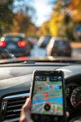 A person holding a cell phone while driving, potential distraction and safety concern