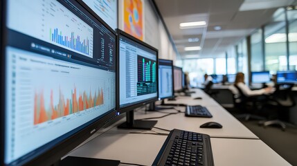 Fototapeta premium Data science lab with analysts working on data visualizations, writing algorithms, and discussing trends at whiteboards for insights.