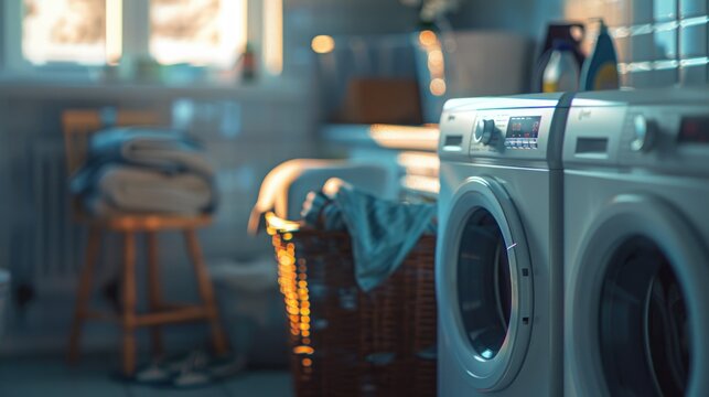 A typical laundry setup with a washer and dryer in a clean and organized room