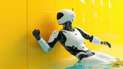 Obraz premium A white humanoid robot leans against a bright yellow wall, half submerged in water. Its metallic body gleams, reflecting the vibrant background.