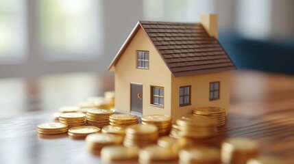 A small model house surrounded by gold coins, symbolizing real estate investment and financial growth in a bright indoor setting.