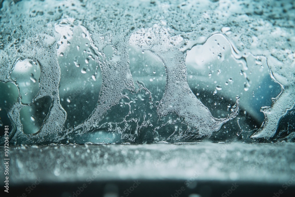 Poster close-up of water droplets on a car windshield, ideal for use in automotive or weather-related conte
