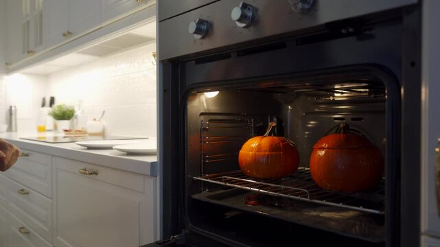 Woman preparing stuffed red kuri squash in the kitchen. Stuffed orange colored winter squash for baking in the oven.