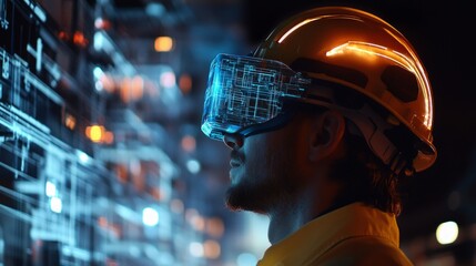 Worker using augmented reality glasses in an industrial setting.