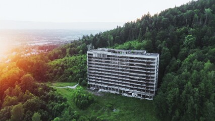Deserted hotel building in nature