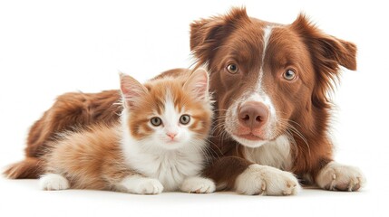Adorable Dog and Kitten Sitting Together and Looking at the Camera in Isolated White Background for Heartwarming Pet Bonding Images