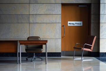 A deserted office building with empty desks and chairs, a "Hiring Freeze" sign on the door, symbolizing the impact of unemployment.
