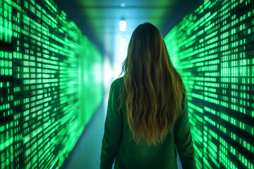 Mysterious Figure Walking Through Digital Green Code Corridor Depicting Futuristic Technology and Data Analysis in a Cyberpunk Style Environment