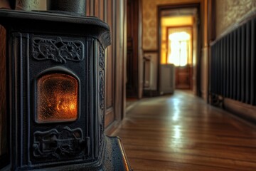Fototapeta premium A traditional wood burning stove sits in a cozy hallway, perfect for a rustic home or cabin