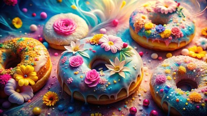 A symphony of colors, textures, and flavors, these whimsical donuts with delicate floral accents create a delightful culinary masterpiece.