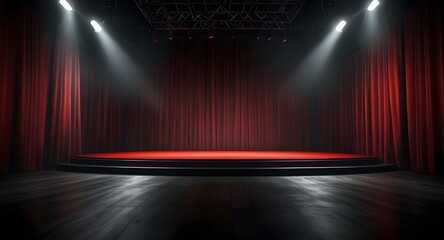 Stage podium background red light spotlight curtain theater show platform. Stage 3D background podium award cinema winner movie carpet pedestal fabric concert abstract studio dark vip empty silk club