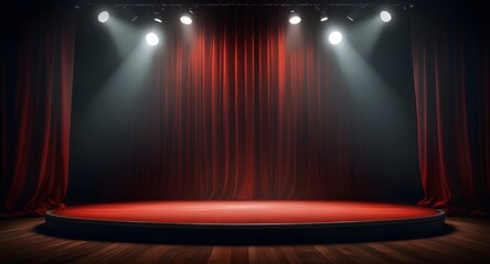 Stage podium background red light spotlight curtain theater show platform. Stage 3D background podium award cinema winner movie carpet pedestal fabric concert abstract studio dark vip empty silk club