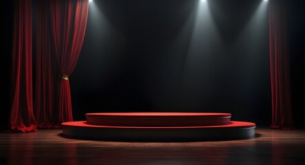 Stage podium background red light spotlight curtain theater show platform. Stage 3D background podium award cinema winner movie carpet pedestal fabric concert abstract studio dark vip empty silk club