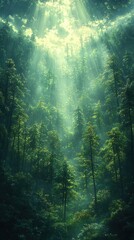 Obraz premium Sunlight Streaming Through a Misty Forest Canopy