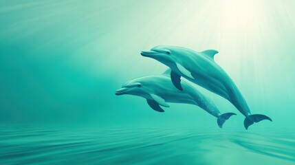 Fototapeta premium Two dolphins gracefully swim through serene turquoise waters, illuminated by sunbeams, AI