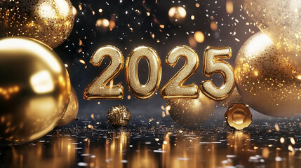 Gold Happy New Year 2025 message balloons with decoration party, symbolizes the start of the new year