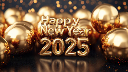 Gold Happy New Year 2025 message balloons with decoration party, symbolizes the start of the new year