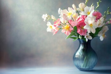 A blue vase filled with various pink and white flowers