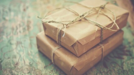 A stack of brown packages tied with twine, suitable for use in e-commerce or packaging themes