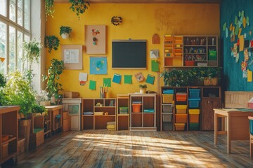 Bright and Cheerful Classroom with Plants and Storage