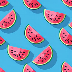 Seamless pattern of watermelon slice on blue background.